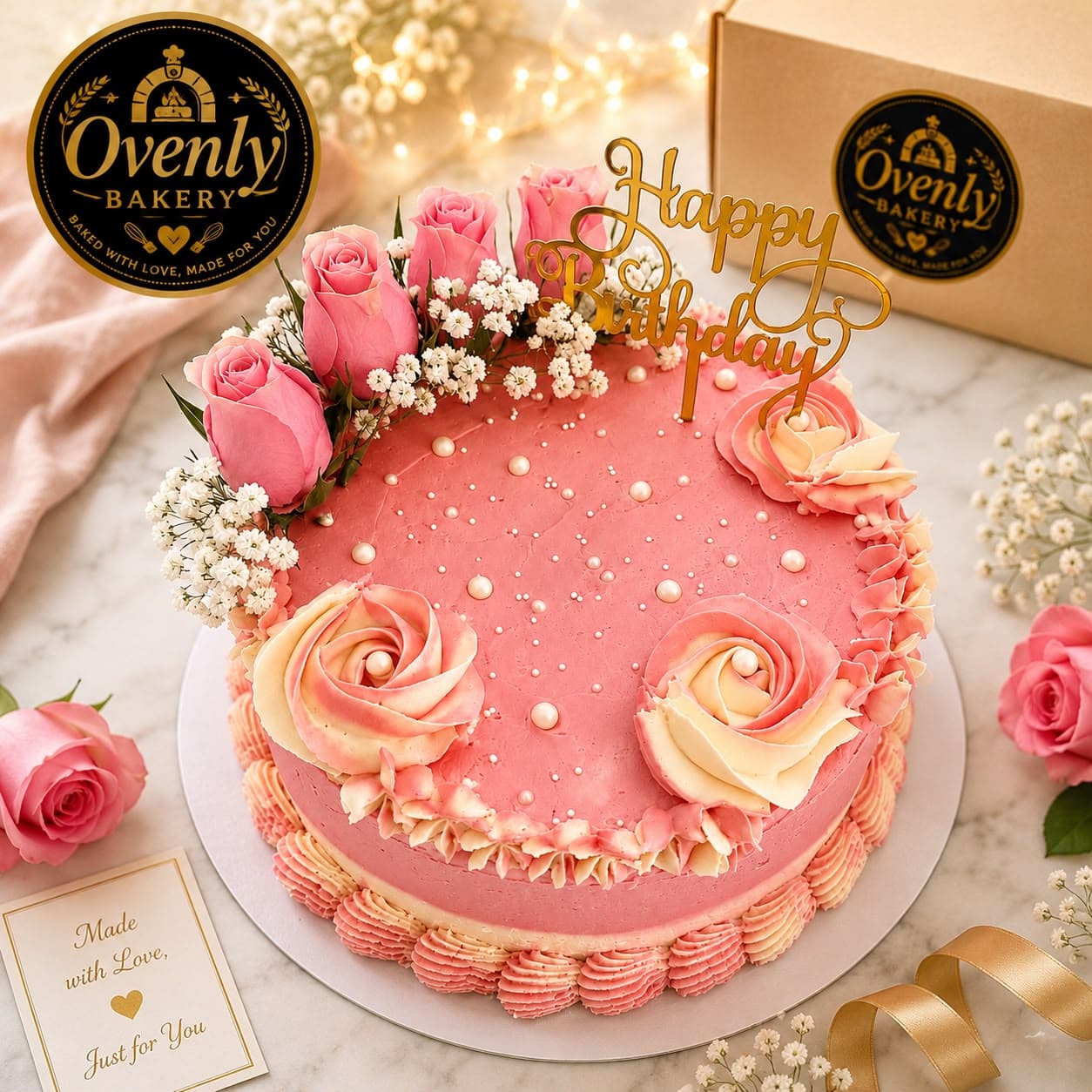 Pink birthday cake decorated with roses by Ovenly Bakery