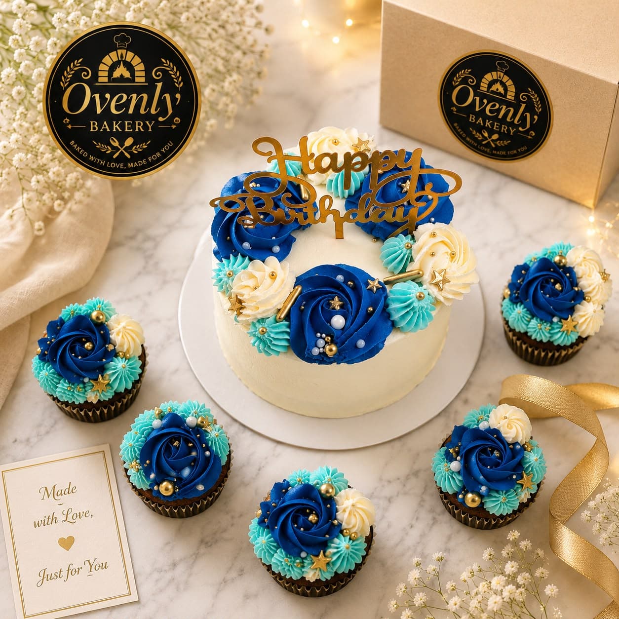 Blue birthday cake and cupcakes by Ovenly Bakery